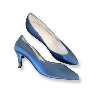 Celebrations Blue Satin Ladies Pumps with Kitten Heel and Pointed Toe
